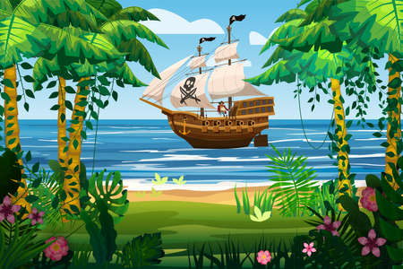 Pirate ship under sail in ocean. Tropical Island, tropical, palms, floral, plants. Sea landscape coast, beach, sand, adventure, game. Vector illustrationのイラスト素材