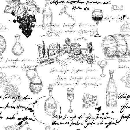 Seamless pattern Wine grape branche, bottles, glasses, vineyard, unreadable text, wooden barrel, chees, corkscrew. Doodle sketch hand drawing. Vector illustartion isolated retroのイラスト素材