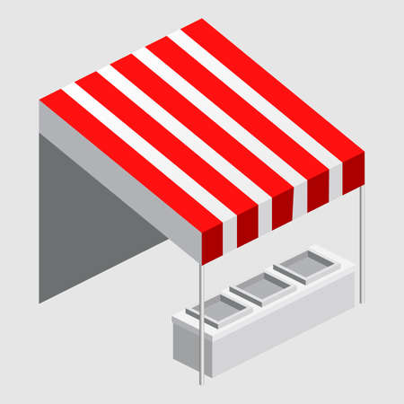 Isometric market stall, tent. Street awning canopy kiosk, counter, white red strings for fair, street food, market, grocery goods. Vector isolatedのイラスト素材