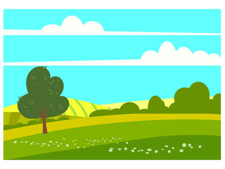 Lovely Countryside landscape spring tree green hills fields, nature, bright color blue sky. Spring, summer country scenery panorama agriculture, farming. Vector illustration cartoon styleのイラスト素材