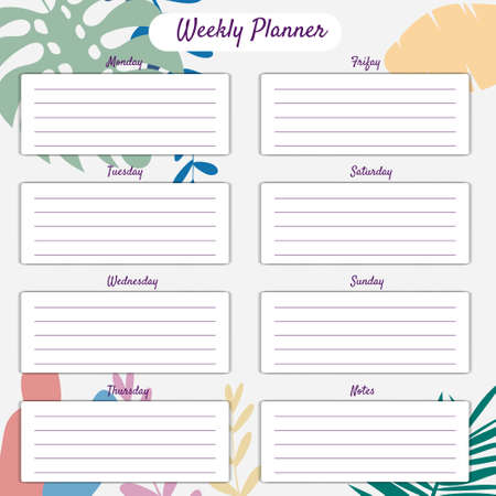 Weekly Planner template vector. Palms floral decoration background. Business notebook management, organizerの写真素材