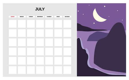 Calendar Planner July summer month. Minimal abstract contemporary landscape natural background. Monthly template for diary business. Vector isolatedのイラスト素材