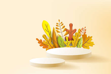 Autumn leaves 3D yellow, red, brown, orange colors. Fall bouquet, pedestal, stage, for background product presentation. Minimal 3d render plasticine, vector illustration banner, posterのイラスト素材