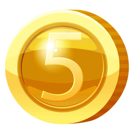 Gold Medal Coin Number 5 symbol. Golden token for games, user interface asset element. Vector illustrationのイラスト素材