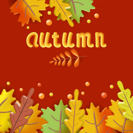 Autumn leaves 3D poster, yellow, red, brown, orange colors. Fall bouquet. Minimal 3d render plasticine, vector illustration banner, posterの写真素材