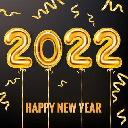 2022 Happy New Year Gold balloons. Gold foil numerals with confetti, ribbons, poster, banner. Vector realistic 3D illustrationのイラスト素材