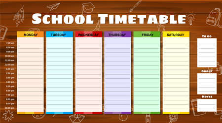 School Timetable weekly, hand drawn sketch icons of school supplies, pencils on woodboard. Vector template schedule, cartoon styleのイラスト素材