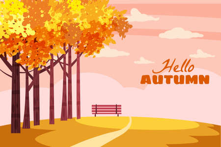 Autumn landscape city park with text Hello Autumn. Fall, trees in yellow orange foliage, alley, path, bench. Vector background illustration, posterのイラスト素材