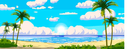Tropical resort landscape panorama. Sea shore beach, exotic palms, coastline, clouds, sky, summer vacation. Vector illustration cartoon styleのイラスト素材