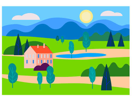 Rural spring, summer landscape field, farm, hills, pond, mountaine, sun, horizon. Countryside nature minimal flat style illustrationのイラスト素材