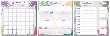 Monthly, Weekly, Daily Planner Set template vector. Palms floral decoration background, To Do list, goals, notes. Business notebook management, organizerの写真素材
