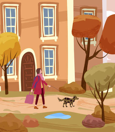 Young woman walking dog in the autumn city park. Autumn fall mood. Vector illustration banner, poster, banner, postcard,のイラスト素材
