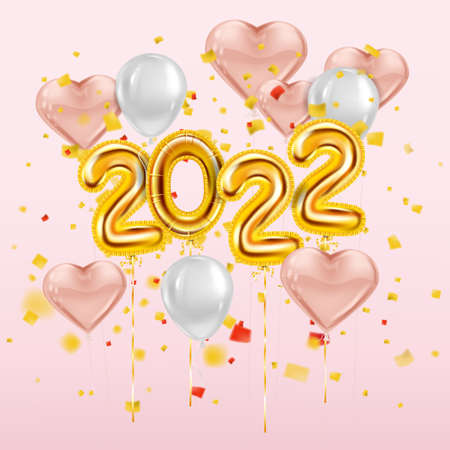 Happy New Year 2022 Gold balloons. Golden foil numerals, pink hearts balloons with, confetti, ribbons, poster, banner. Vector realistic 3D illustrationのイラスト素材