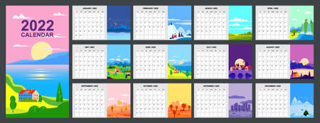 2022 Calendar Planner minimalistic landscape natural backgrounds of four seasons. Winter, Spring, Summer, Autumn. Monthly template for diary business. Week Starts Sunday. Vector isolatedのイラスト素材