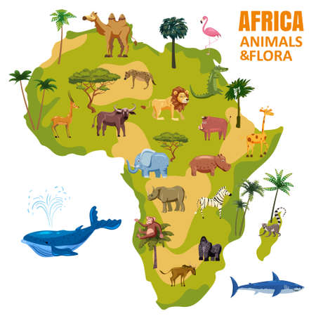 Africa animal world map continent. Set tropical animals flora wild savannah jungle fauna. Vector cartoon style illustrationのイラスト素材