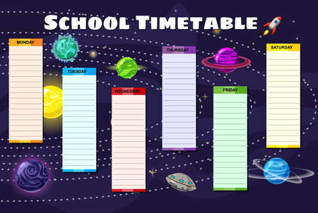 School Timetable weekly Space Galaxy, rocket, planets, sun. Vector template schedule, cartoon style illustartionのイラスト素材