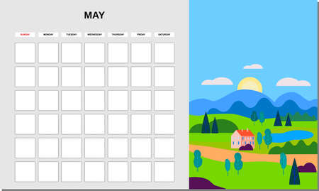 Calendar Planner May month. Minimalistic landscape natural backgrounds Spring. Monthly template for diary business. Vector isolatedのイラスト素材