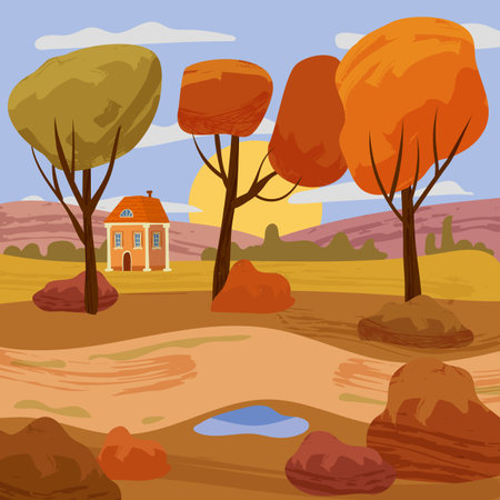 Autumn landscape, city park. Fall, trees in yellow orange foliage, alley, path. Vector background illustration, posterのイラスト素材