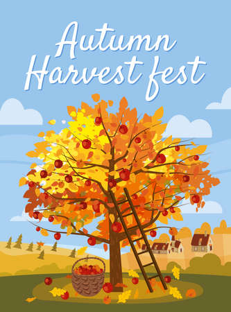 Autumn Harvest Fest. Apple tree with basket of apples, ladder, rural landscape. Fall, harvest, ripe fruits on tree, countriyside fall. Vector illustration cartoon style posterのイラスト素材