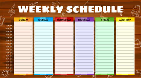 School Schedule weekly, hand drawn sketch icons of school supplies, pencils on woodboard. Vector template schedule, cartoon styleのイラスト素材