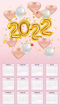 Calendar 2022 gold and pink balloons 3d numbers. 12 month week starts on Sunday, template vector illustrationのイラスト素材