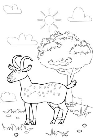 Cute goat farm animals coloring book educational illustration for children. Rural landscape colouring page. Vector black white outline cartoon characterのイラスト素材