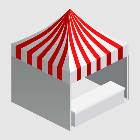 Isometric market stall, tent. Street awning canopy kiosk, counter, white red strings for fair, street food, market, grocery goods. Vector isolatedのイラスト素材