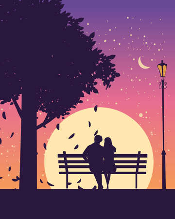 Couple lovers on bench in park, under tree, autumn. Sunset, night, stars. Vector illustration silhouetteのイラスト素材