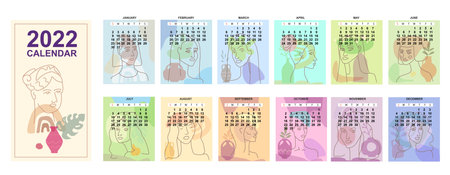2020 Calendar Womans Face Minimal Line Art. Set of 12 months one line woman contemporary portrate abstract collage with colorful geometric shape. Fashion female faces modern trendy style. Vector illustration isolatedのイラスト素材