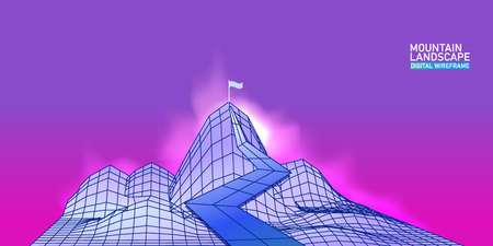 Digital landscape mountaine with path on the top. Success, business goals, achievement. Abstract wireframe. 3D wireframe grid mesh illustration concept. Vector backgroundのイラスト素材