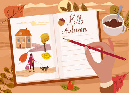 Woman young writing diary, letter, pencil, text Hello Autumn. Fall mood, cozy hygge atmosphere, mug coffe, tea, leaves, berrie rose hip, landscape. Vector illustration seasone poster, bannerのイラスト素材