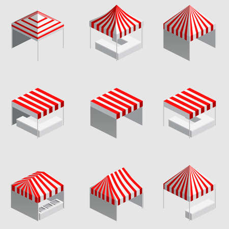 Set Isometric market stall, tent. Street awning canopy kiosk, counter, white red strings for fair, street food, market, grocery goods. Vector isolatedのイラスト素材
