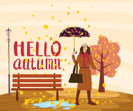 Young woman with umbrella in the autumn park city, trendy clothes street fashionable style outwear female, fall mood. Lettering Hello Autumn. Trendy vector styleのイラスト素材
