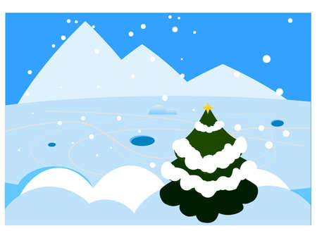 Winter landscape, fir tree, frozen river, footprints in the snow. Banner cover baner poster. Minimal trendy style vectorのイラスト素材