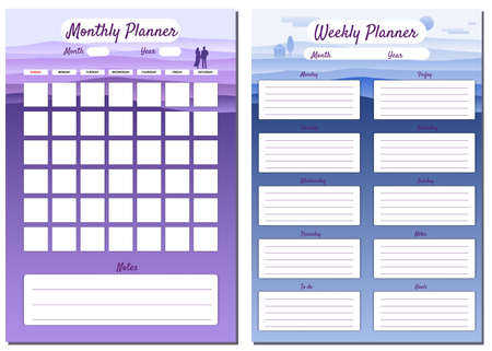 Monthly, Weekly, Planner template vector. Minimal landscape with couple background, To Do list, goals, notes. Business notebook management, organizerのイラスト素材