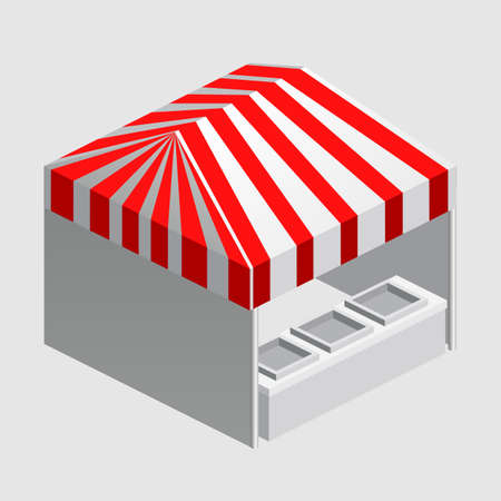 Isometric market stall, tent. Street awning canopy kiosk, counter, white red strings for fair, street food, market, grocery goods. Vector isolatedのイラスト素材