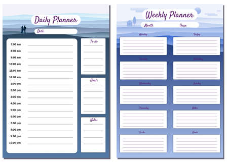 Weekly, Daily Planner template vector. Minimal landscape with couple background, To Do list, goals, notes. Business notebook management, organizerのイラスト素材