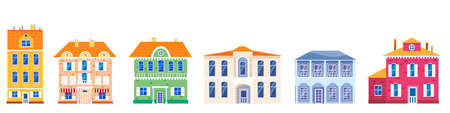 Set houses cottage home front view, colorful real estate. Cartoon urban buildings, vector illustrationのイラスト素材