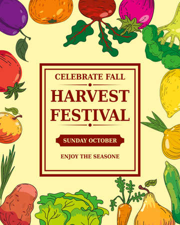 Harvest Festival poster, autumn fruits and vegetable ripe and juicy. Hand drawn organic products, fall. Vector retro, vintage banner, illustration, flyer, cardのイラスト素材