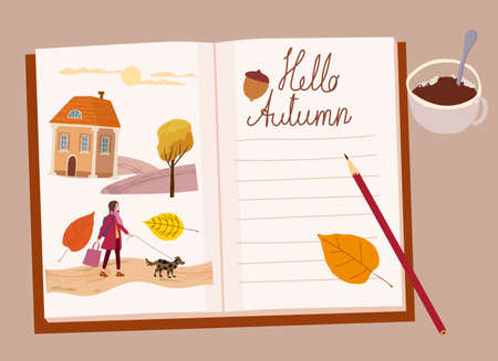 Girls Autumn Diary, autumn yellow, orange leaves, branch, mug of coffee, illustrations. Fall, cozy mood hygge atmosphere. Vector illlustrationのイラスト素材
