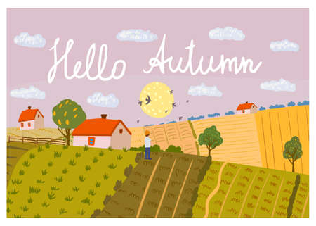Hello Autumn Rural landscape fields farm on the hill, horizon. Fall seasone, countryside panorama view. Vector illustration hand drawn isolatedのイラスト素材