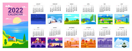 2022 Calendar landscape natural backgrounds of four seasons. Winter wonderland, Fresh on Spring, Hot sunny day on Summer, Autumn with leaves falling. Set minimalistic cartoon flat design seasons background isolatedのイラスト素材