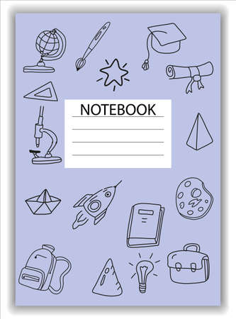 Cover Notebook school doodles icons hand drawn. Template cover for diary, broshure, poster, sketchbook. Vector illustrationのイラスト素材