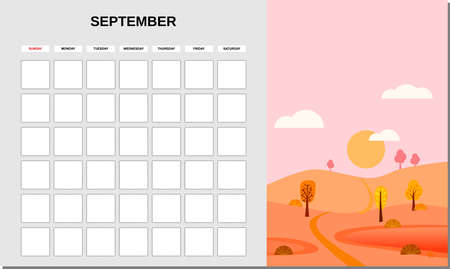 Calendar Planner September month. Minimalistic landscape natural backgrounds Autumn. Monthly template for diary business. Vector isolatedのイラスト素材