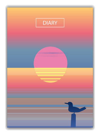 Cover diary background design template for book, notebook, flyer, banner, poster, card. Abstract seascape ocean sunset view, seagull minimalist style. Vector illustrationのイラスト素材