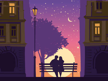 Romantic Couple lovers on bench in the city, under tree, buildings, lantern. Sunset, night, stars. Vector Happy Valentines Day illustration, silhouetteのイラスト素材