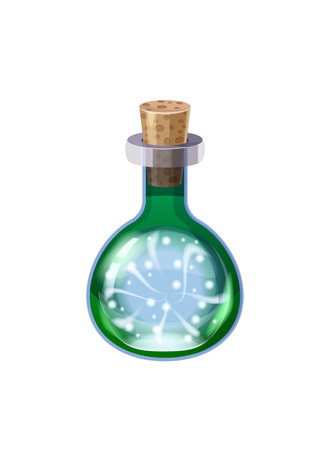 Bottle magic potion with power energy. Game icon asset, glass, liquid elixir, poisine, flask, Vector illustration cartoon for game, app UIのイラスト素材
