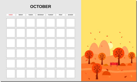 Calendar Planner October month. Minimalistic landscape natural backgrounds Autumn. Monthly template for diary business. Vector isolatedのイラスト素材