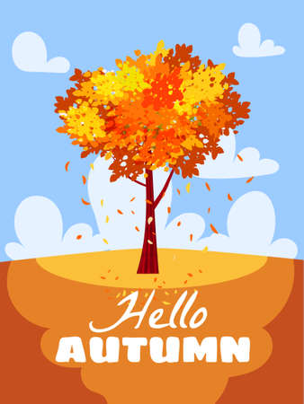 Hello Autumn landscape, city park. Fall, trees in yellow orange foliage, alley, path. Vector background illustration, posterのイラスト素材