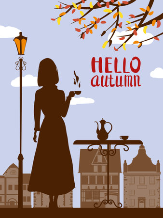 Hello Autumn, Silhouette elegant girl with cup of coffee, lettering, cafe table, tree, city houses. Vector illustrationのイラスト素材